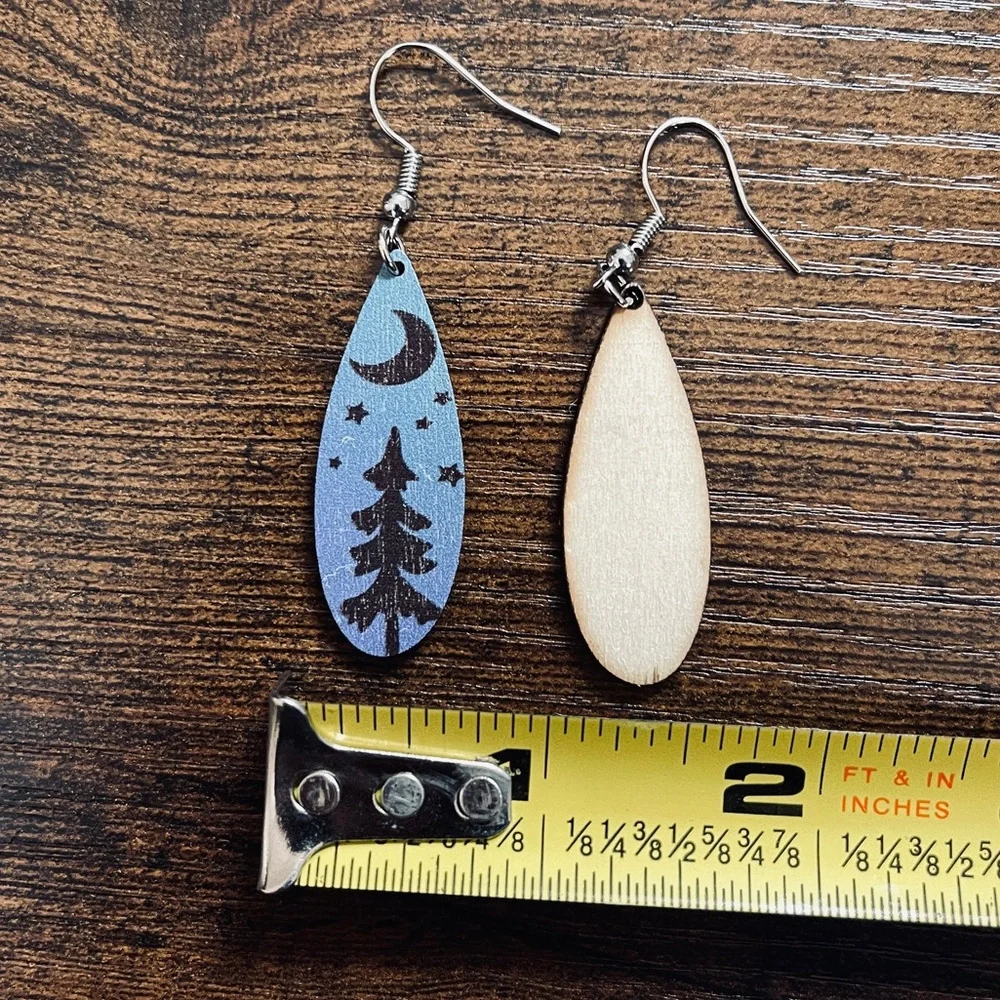 🟢 FREE WITH ANY PURCHASE OVER $10. Pine Tree Star Moon Earrings Wood Blue, Black